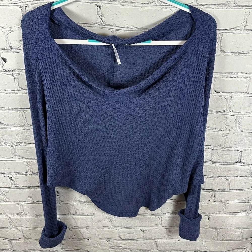 Free People Dripped Thermal Mercury Tee Waffle Dolman Sleeve Off Shoulder Navy S